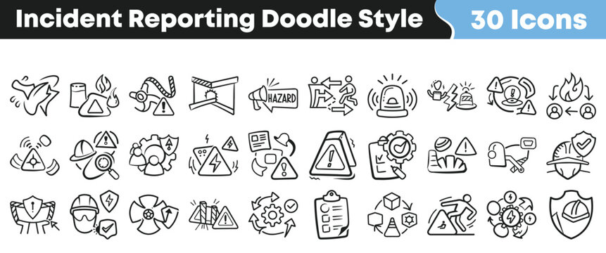 Hand drawn doodle style set of thirty incident reporting icons