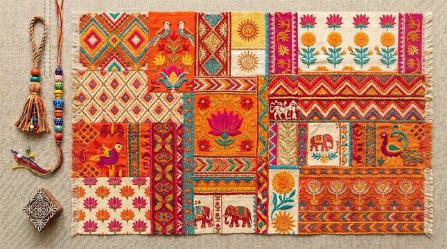 Traditional indian kantha embroidery patchwork textile art