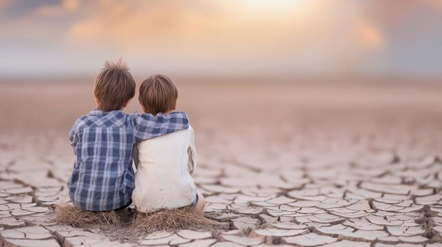 Children embracing on dry cracked land, symbolizing global water scarcity and environmental crisis