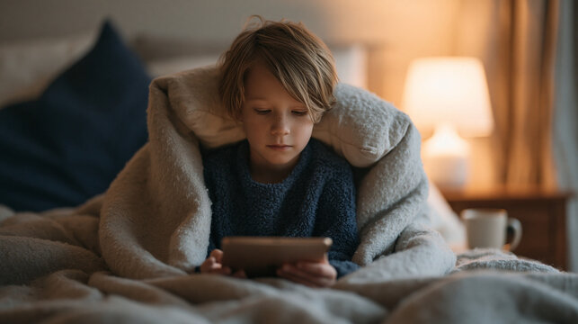 Child tucked beneath a weighted blanket on a rainy February afternoon watching something on a tablet propped against a pillow fort, empty mug beside them, soft lamp on the