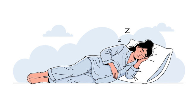 Woman sleeping peacefully on her side, wearing pajamas, with clouds in the background. Vector illustration.