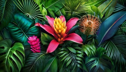 Fototapeta premium vibrant tropical flowers in lush greenery creating a colorful floral background for relaxing atmosphere