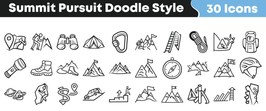 Set of hand drawn mountain climbing and hiking doodle icons