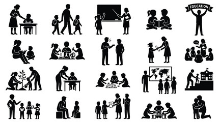 Obraz premium Diverse group of children and adults engaged in educational activities, learning and playing together.