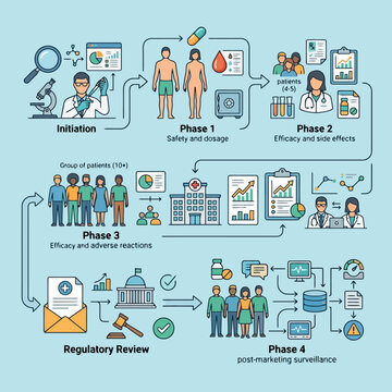 A medical research process flow chart showing clinical trial stages