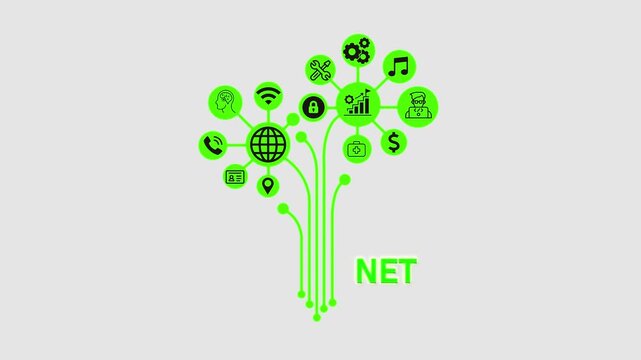 Net Branding Concept, Futuristic Digital Network with Business and Technology Icons.