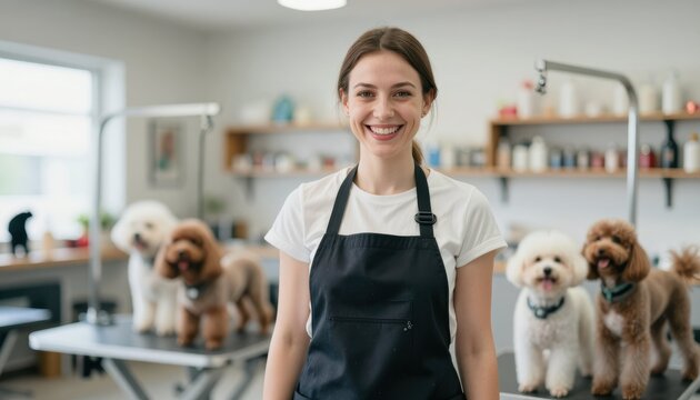 Dog grooming action pet salon professional photography bright environment close-up view pet care concept