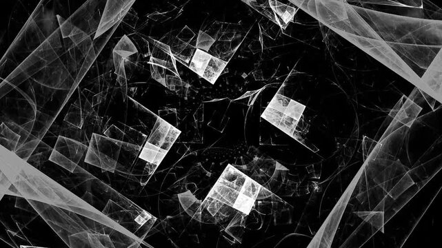 Abstract black and white futuristic geometric fractal loop animation with rotating glass squares.