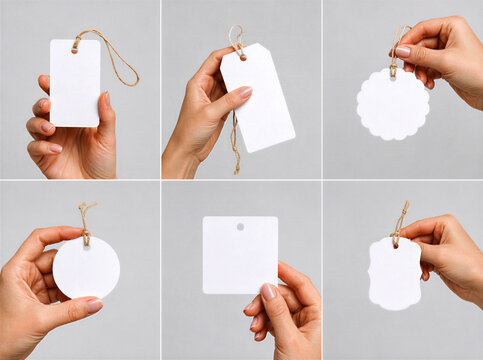 A set of blank white gift tags in different shapes held by hands, with string details on a clean gray background. Useful for packaging mockups, product labels, price tags, gift wrapping, branding, and