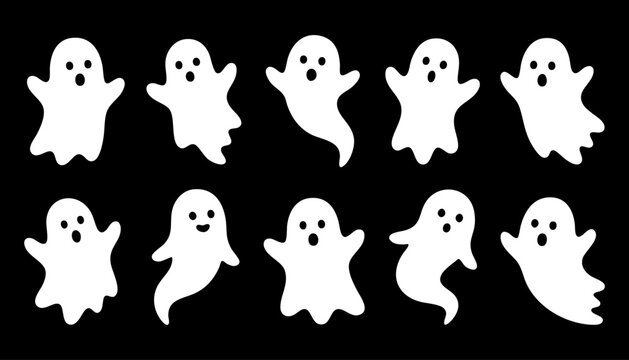 Set of cute ghosts, funny cartoon characters for halloween, white silhouettes on, vector illustration