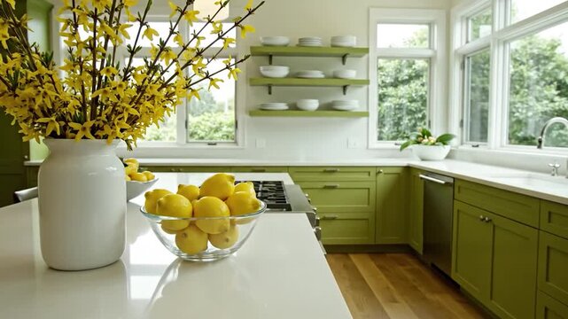 Modern kitchen interior with olive green cabinets white countertops and yellow forsythia flowers on the island
