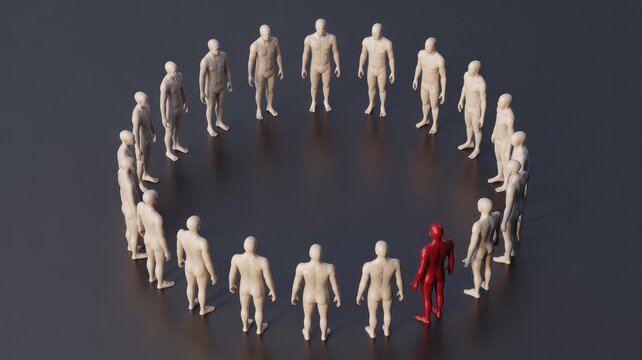 Human Figurines Arranged in a Circular Crowd, with One Red Figure Symbolizing Leadership or Standout Performance