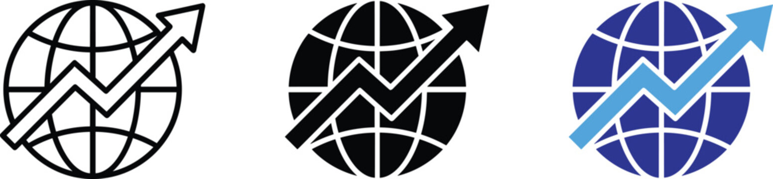 Global Business Growth Icon Set World Map Globe With Rising Arrow Chart Vector Illustration