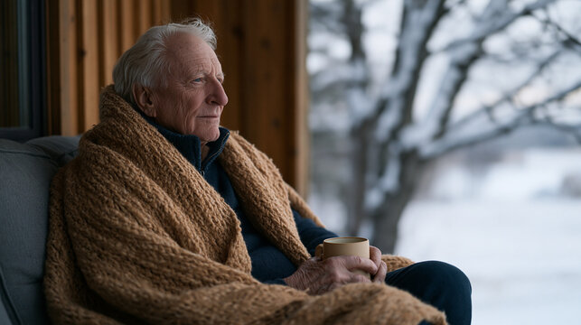 Elderly man sitting on a porch watching the first snowfall settle over a rural landscape, thick wool blanket across his lap, bare tree branches accumulating white, a mug held in