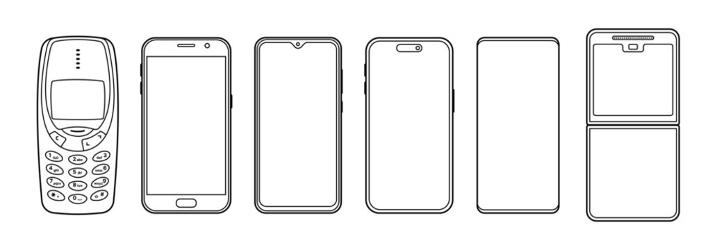 Smartphone Outline frame mockup with different notch styles, mobilephone, cellphone and device mockup. vector illustration