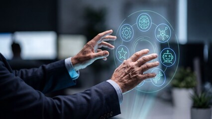 Obraz premium Businessman interacting with glowing circular holographic dashboard featuring brain, robot, gear, DNA, star, and network icons. Concept of artificial intelligence, machine learning, automation, and te