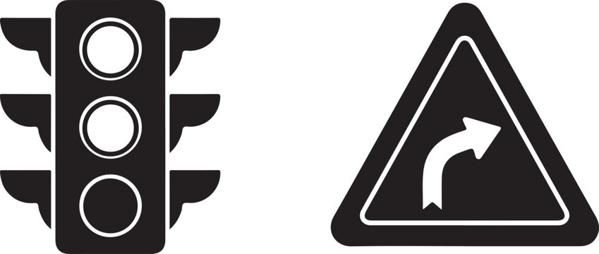 Black and white of a vertical traffic light and a triangular road sign with a right turn arrow