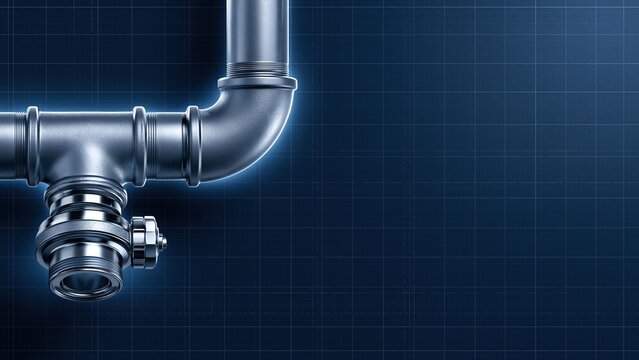 Industrial metal pipes and valves with blue digital grid background