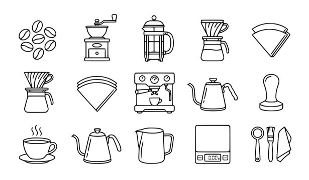 Coffee Brewing Icons Set Line Art Barista Equipment Beans Grinder French Press and Cafe Tools
