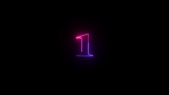 Glowing neon numeric number 1 animation. Red and  Purple neon font alpha number "1" on black background. Educational concept
