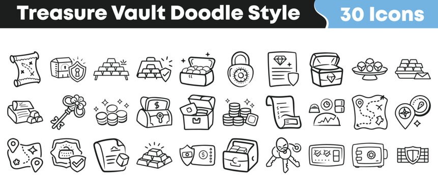 Collection of hand drawn treasure vault icons in doodle style