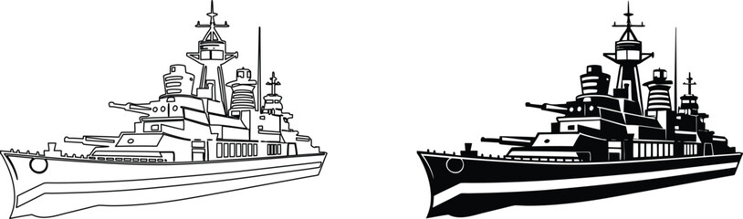 Warship battleship in outline and silhouette with cannons and towers, naval warfare. © Sukumar