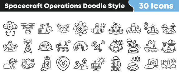 Hand drawn doodle style icons depicting various spacecraft operations and missions © Vectoravec