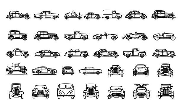 Classic vintage automobile monoline icon set with retro cars antique vehicles and transportation symbols vector illustration