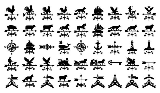 Antique weather vane logo set with wind direction symbols compass roses and vintage rooftop silhouettes vector illustration