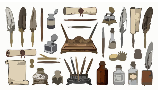 
Vintage inkwell and feather quill dip pen set with antique writing tools engraving style hand drawn vector illustration