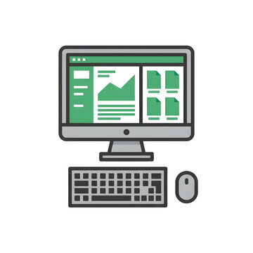 Computer monitor showing dashboard analytics with keyboard and mouse.