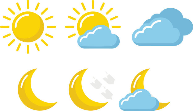 Flat, vector, weather, icons, sun, crescent, moon, blue, clouds, day, night, forecast, symbols, meteorology, isolated, design, elements, UI, web, illustration.