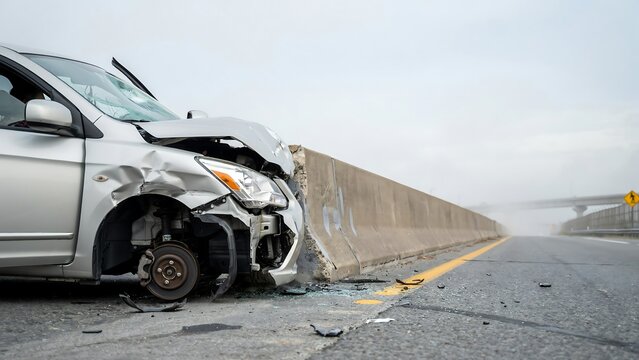 Damaged silver car crashed into concrete barrier on highway car accident damaged vehicle