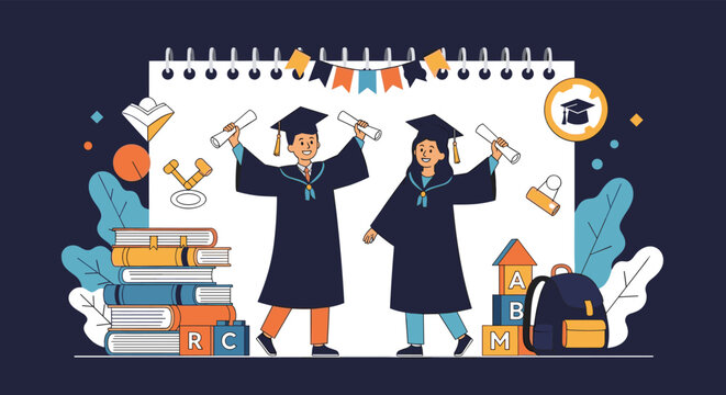 Two happy young students wearing graduation gowns and caps holding their diplomas in front of school supplies and books.