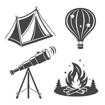 Adventure illustration with tent hot air balloon telescope campfire, adventure gear