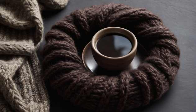 Top view of coffee cup inside a chunky dark brown knitted wool wreath