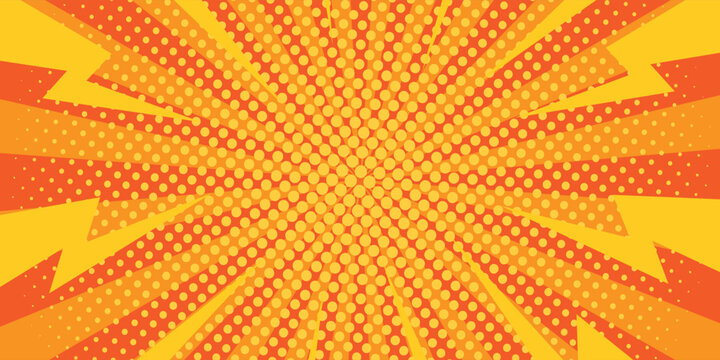 Orange and Yellow Comic Book Background with Halftone Dots and Lightning Bolts