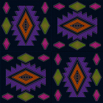 Seamless neon beadwork pattern with four tribal diamond motifs in purple pink orange green on dark blue
