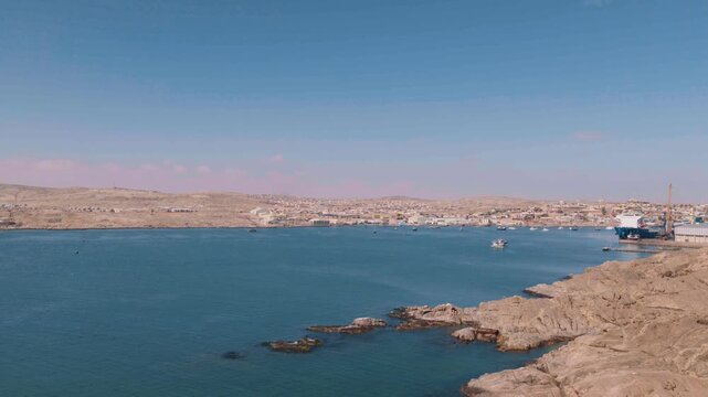 Aerial drone view flying over the harbor of L&uuml;deritz in Namibia