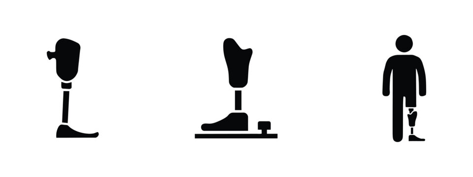Prosthetic leg icons, artificial limb and disability support symbols, accessibility and rehabilitation vector signs for healthcare