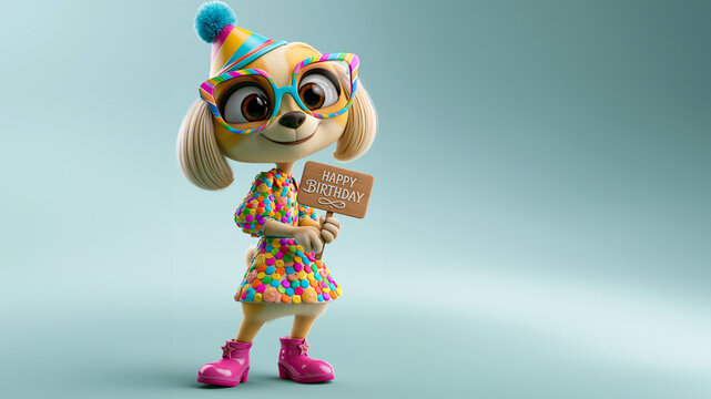 Eine niedliche 3D-Cartoon-Hundefigur mit Spitzhut, Brille und buntem Kleid h&auml;lt ein Schild mit einer Aufschrift "Happy Birthday" vor hellblauem Hintergrund.