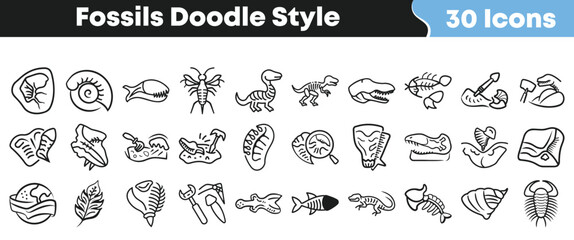 Hand drawn doodle style dinosaur fossils and prehistoric creature icons set © Vectoravec