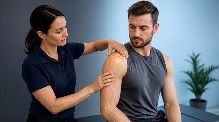 Obraz premium Physiotherapist, shoulder pain and patient with doctor for injury, medical checkup and rehabilitation. Woman, man and clinic with health, anatomy and orthopedic treatment for joint bone massage