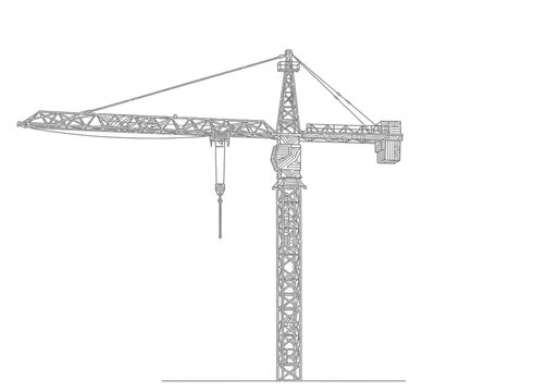 Construction tower crane line art vector illustration with building