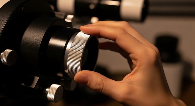 Person hand adjusting the focus knob on a professional camera lens or telescope equipment