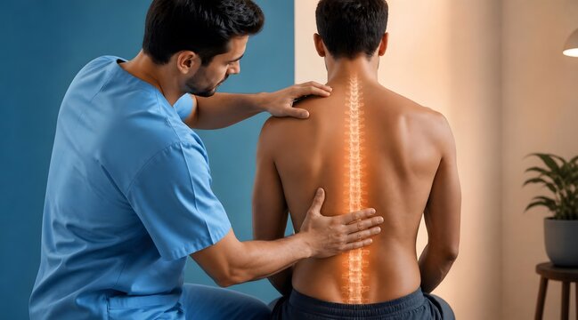 Physiotherapist, back pain and spine health with chiropractic adjustment for patient recovery. Medical doctor, massage and osteopathy in clinic with physical therapy, rehabilitation and wellness care