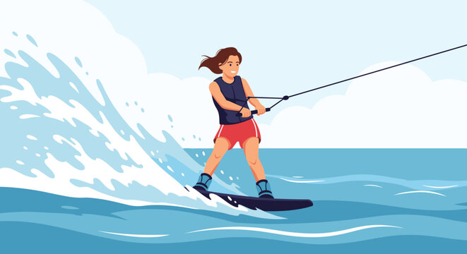 Athletic young woman wakeboarding on blue ocean waves while being pulled by a boat against a cloudy sky background.