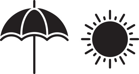 Obraz premium Black silhouette of a beach umbrella and a radiant sun, symbols for summer and weather