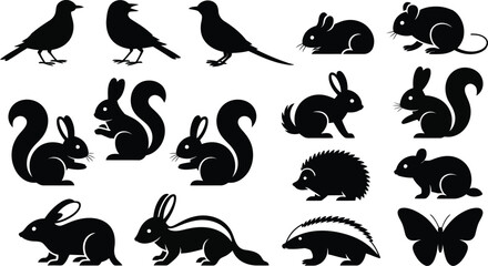 Fototapeta premium Set of black silhouette illustrations featuring small forest animals and birds on white background.