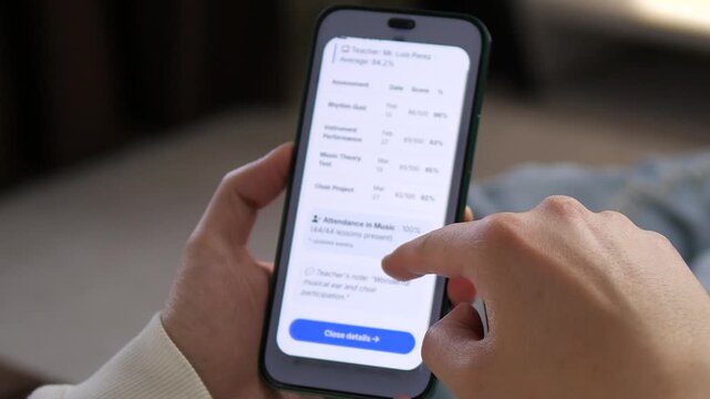 Proud parent checking students academic progress via mobile app. Detailed view of GPA, attendance, and music scores. Ideal for family lifestyle, e-learning platforms, and educational management